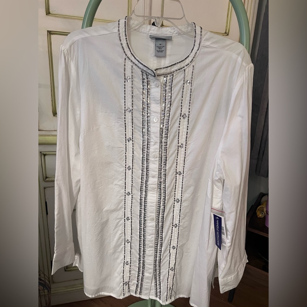 Catherine’s White Sequined beaded Embroidered Women's Blouse NWT